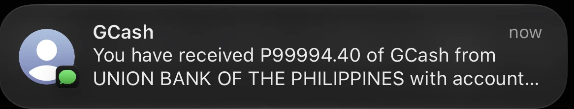 Phone notification: received ₱99,994.40 from Union Bank of the Philippines